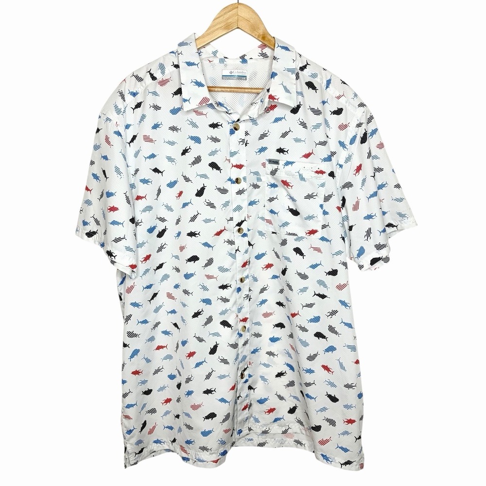Columbia PFG Fish Print Shirt Mens Size L Fishing Tech Performance Nautical